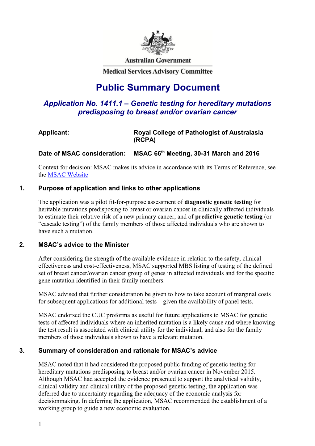 Application No. 1411.1 Genetic Testing for Hereditary Mutations Predisposing to Breast