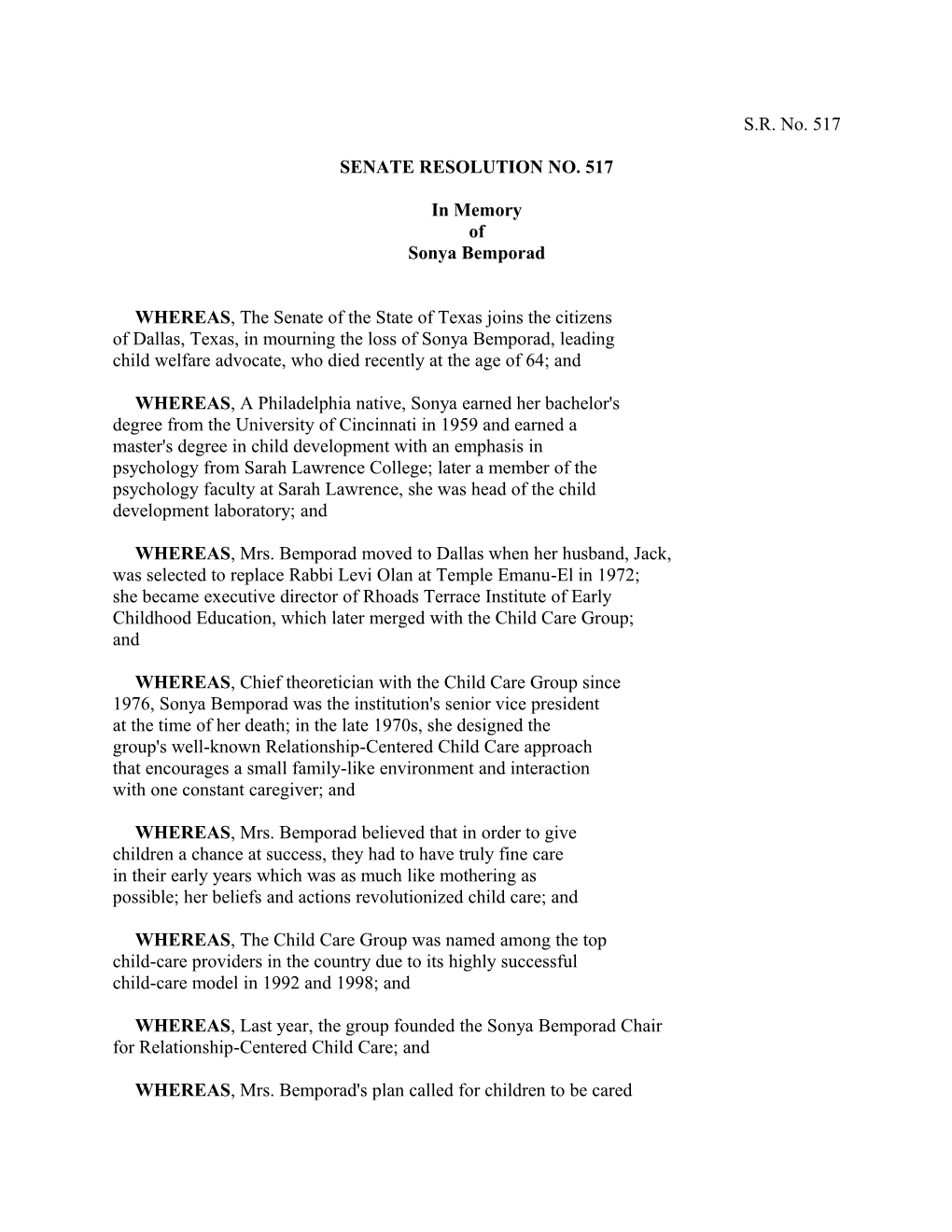 Senate Resolution No. 517