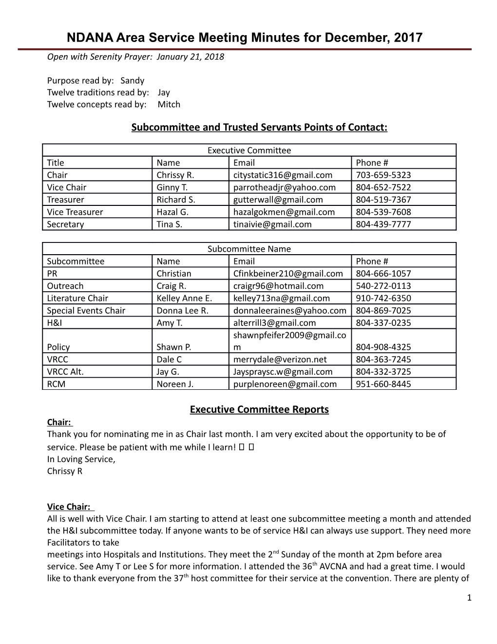 NDANA Area Service Meeting Minutes for December, 2017