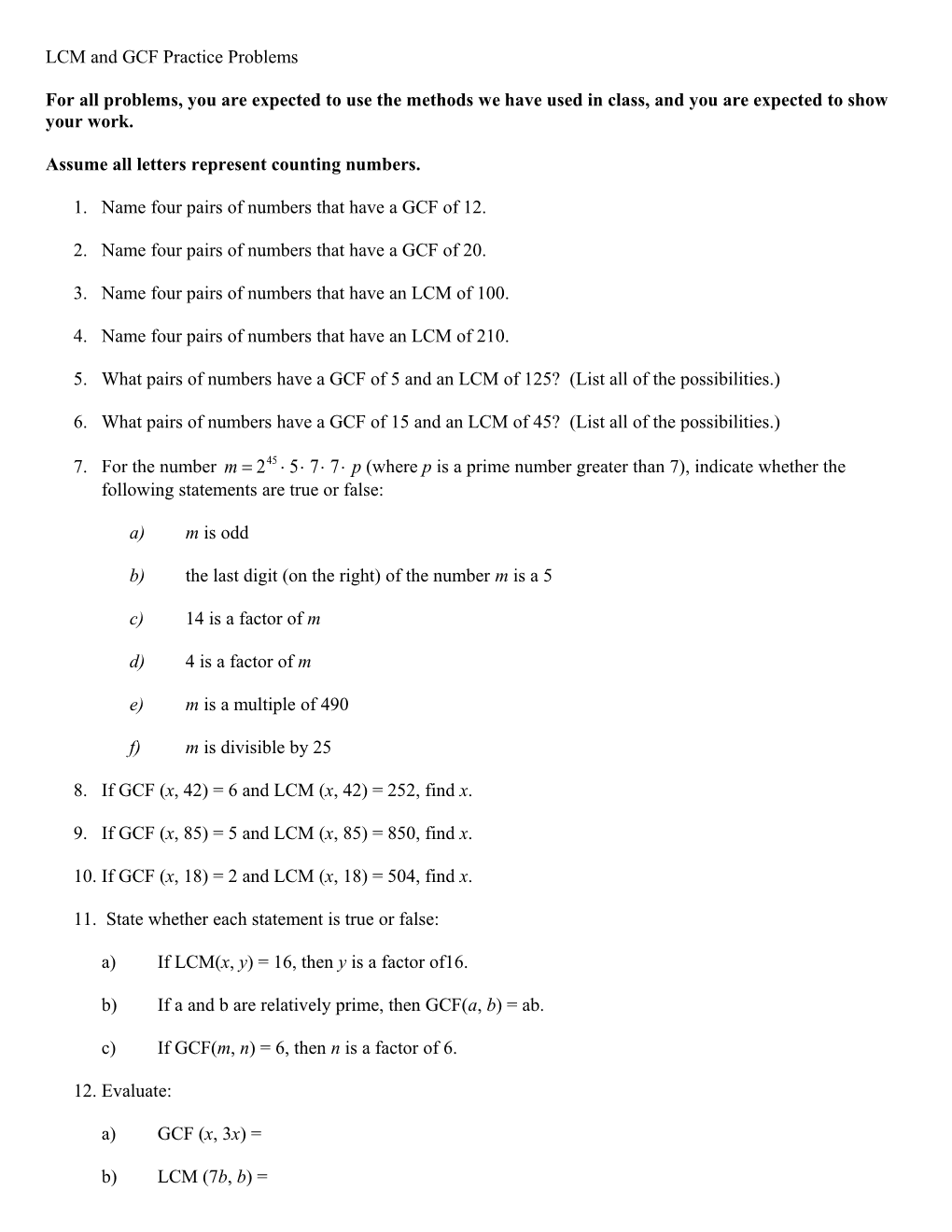 LCM and GCF Practice Problems for Test 4
