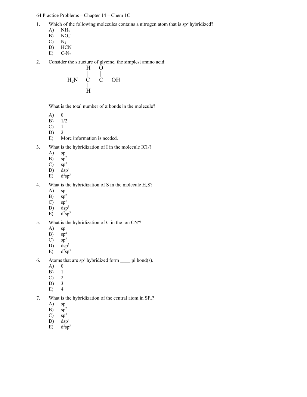 64 Practice Problems Chapter 14 Chem 1C