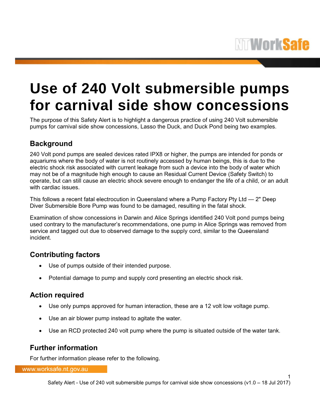 Safety Alert - Use of 240 Volt Submersible Pumps for Carnival Side Show Concessions