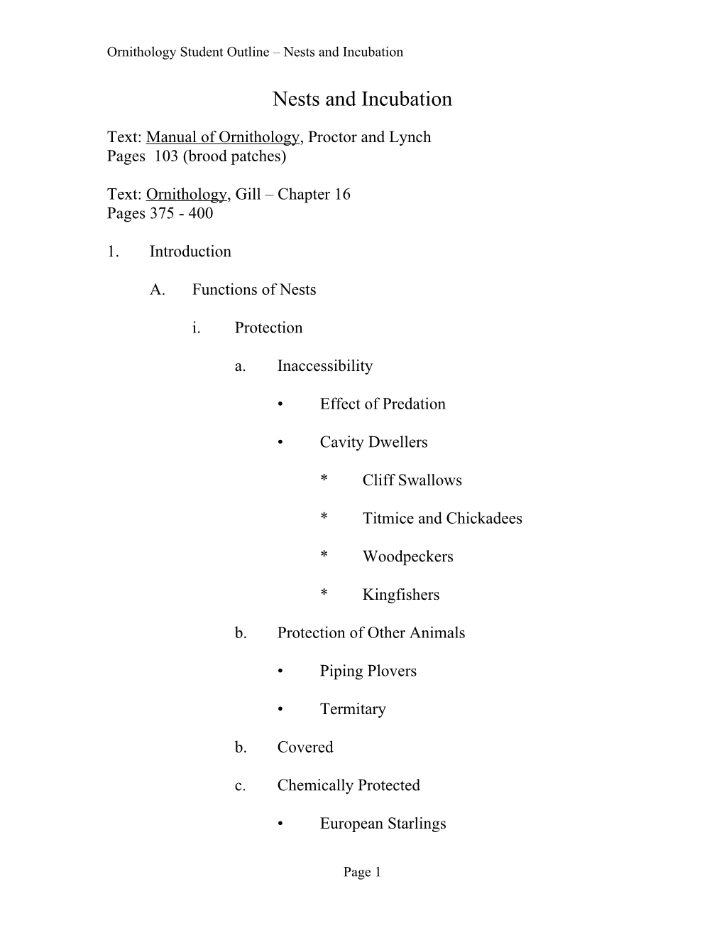 Ornithology Student Outline Nests and Incubation