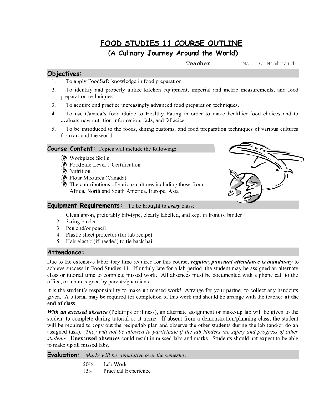 Food Studies 11 Course Outline