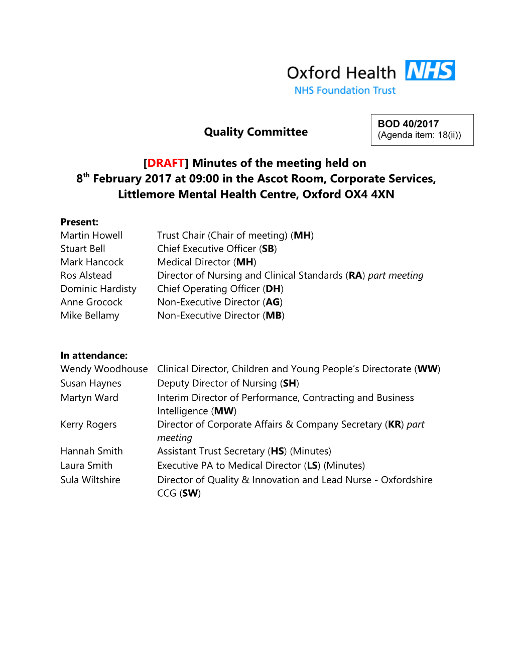 Minutes of the Quality Committee, 8Th February 2017