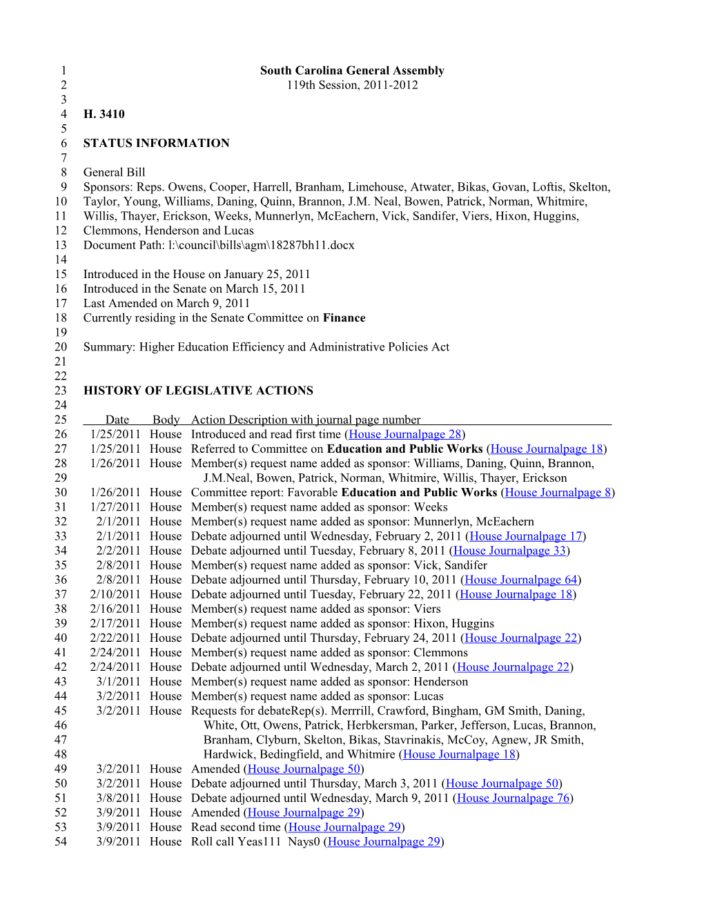 2011-2012 Bill 3410: Higher Education Efficiency and Administrative Policies Act - South