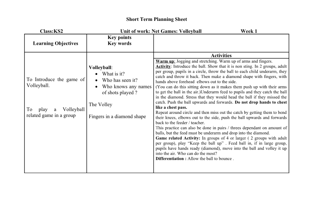 Short Term Planning Sheet