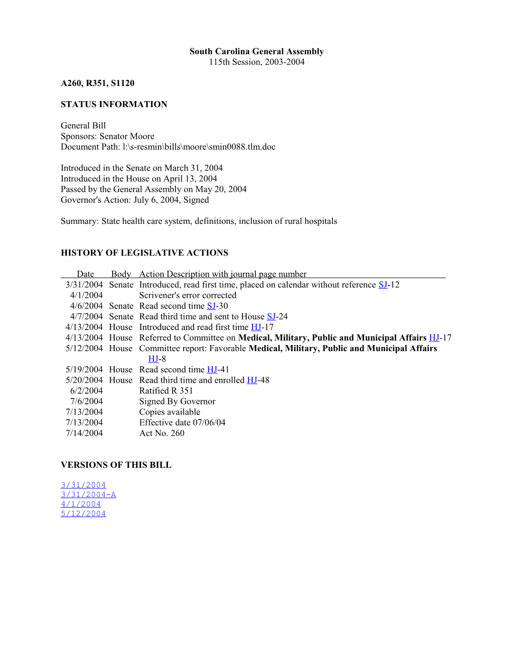 2003-2004 Bill 1120: State Health Care System, Definitions, Inclusion of Rural Hospitals