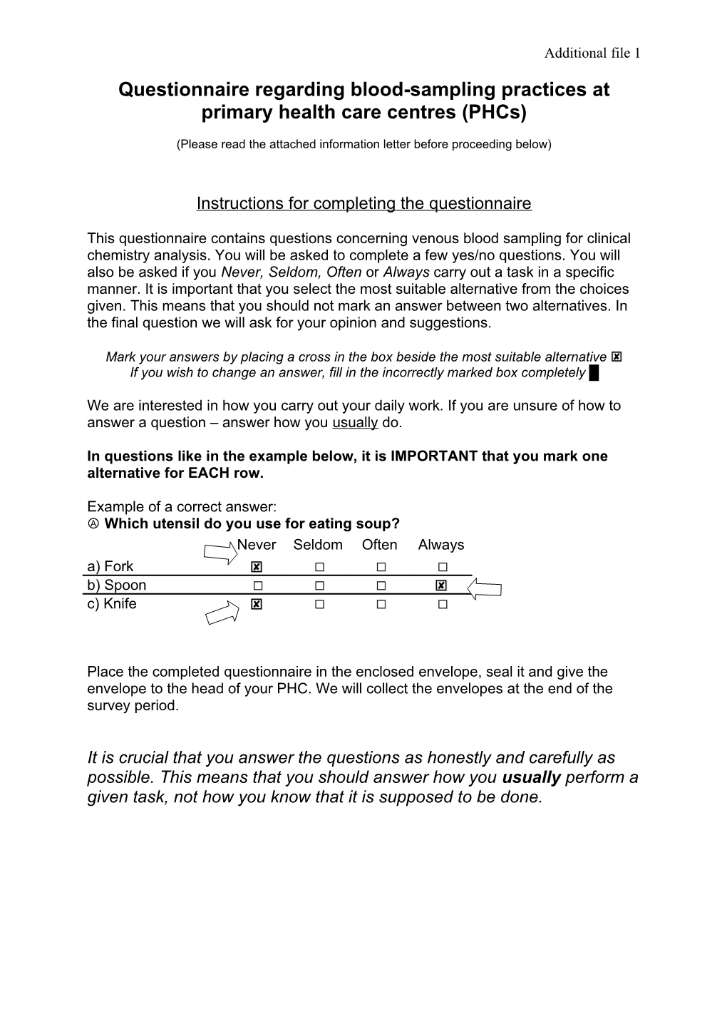 Questionnaire Regarding Blood-Sampling Practices at Primary Health Care Centres (Phcs)