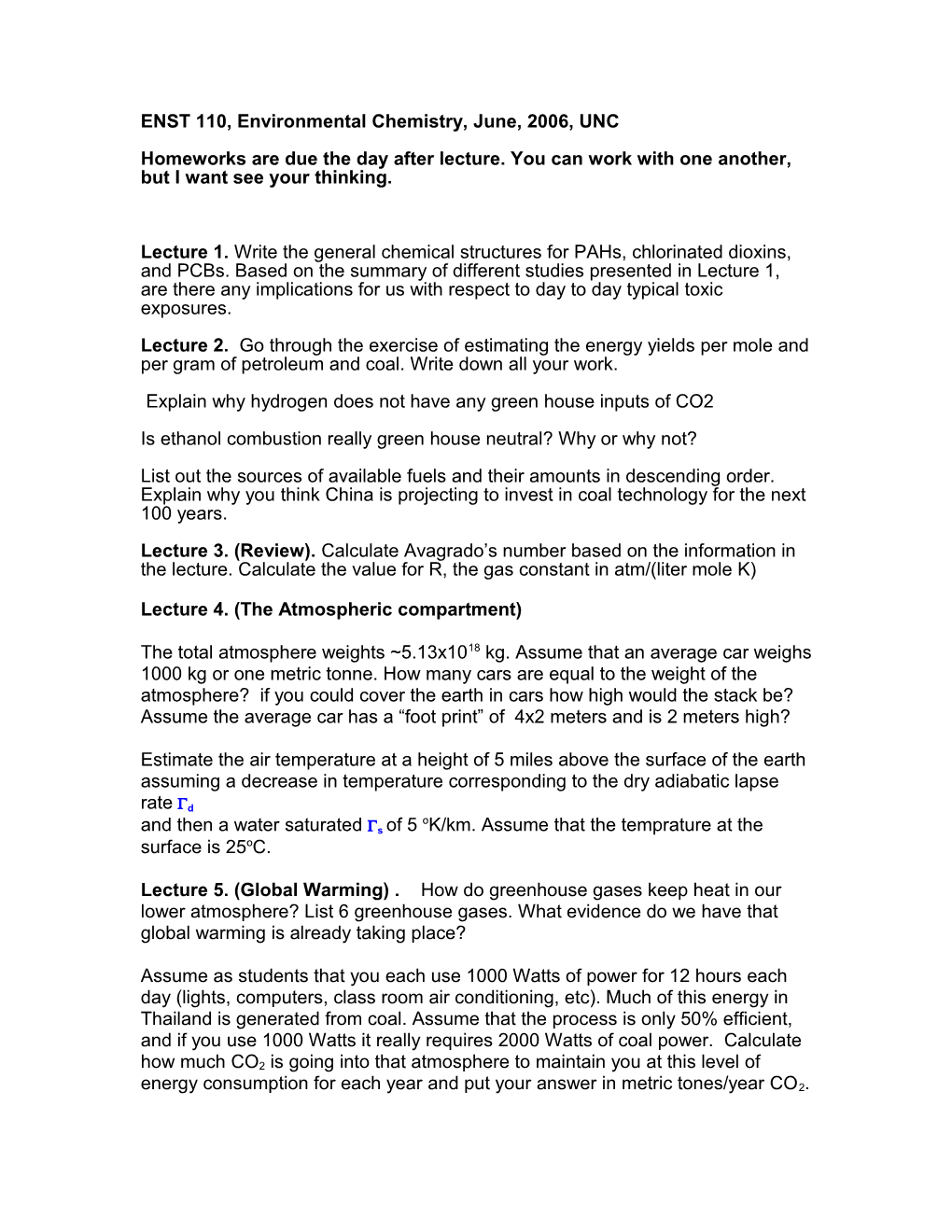 ENST 110, Environmental Chemistry, June, 2006, UNC