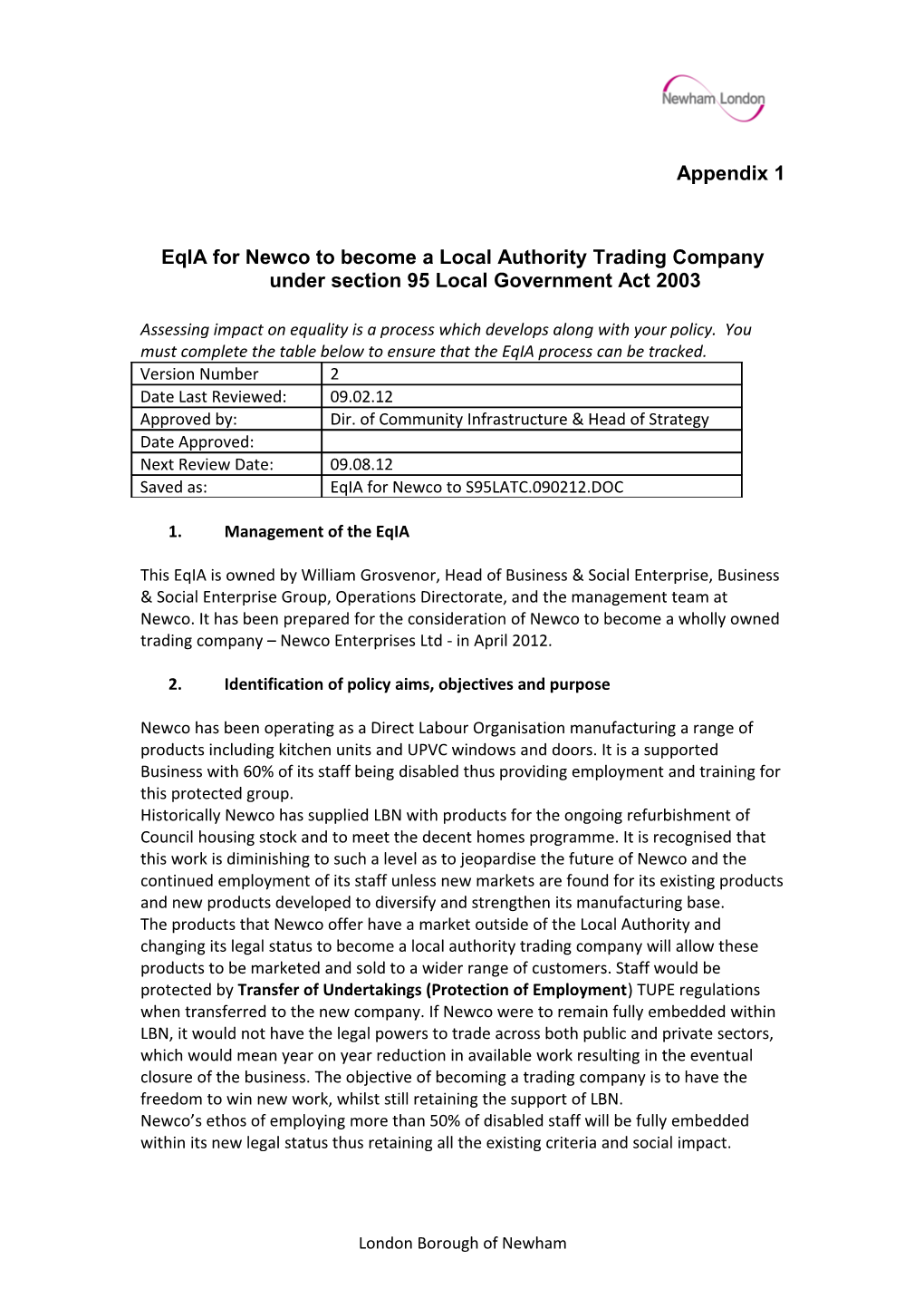 Newco: Local Authority Trading Company Eqia