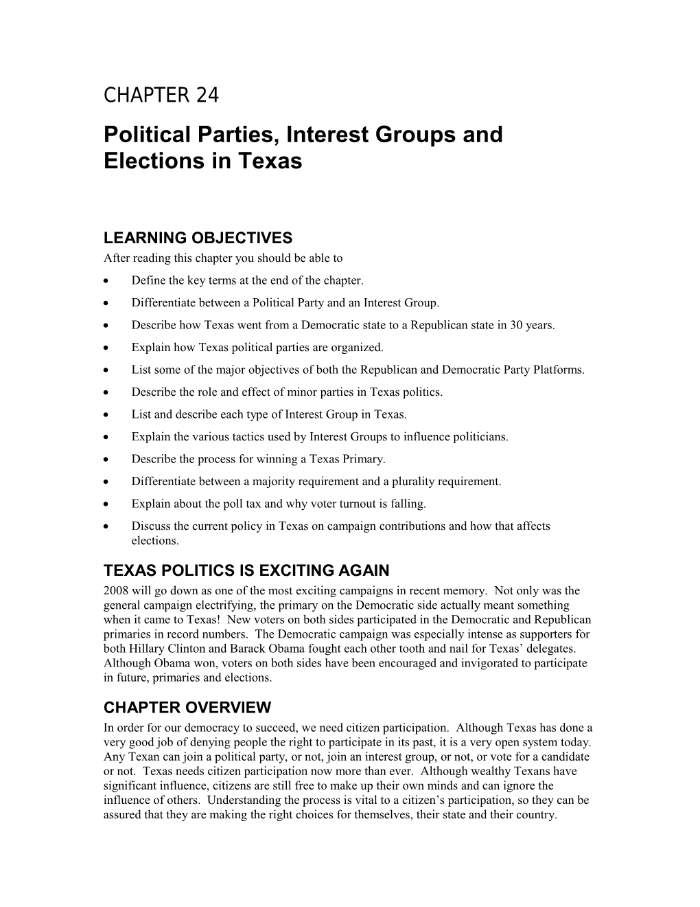 Political Parties, Interest Groups and Elections in Texas