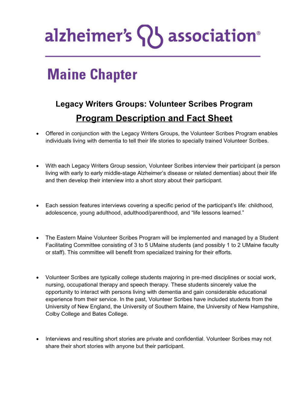 Legacy Writers Groups: Volunteer Scribes Program