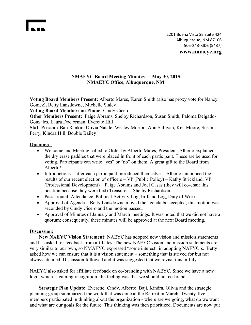 NMAEYC Board Meeting Minutes May30, 2015
