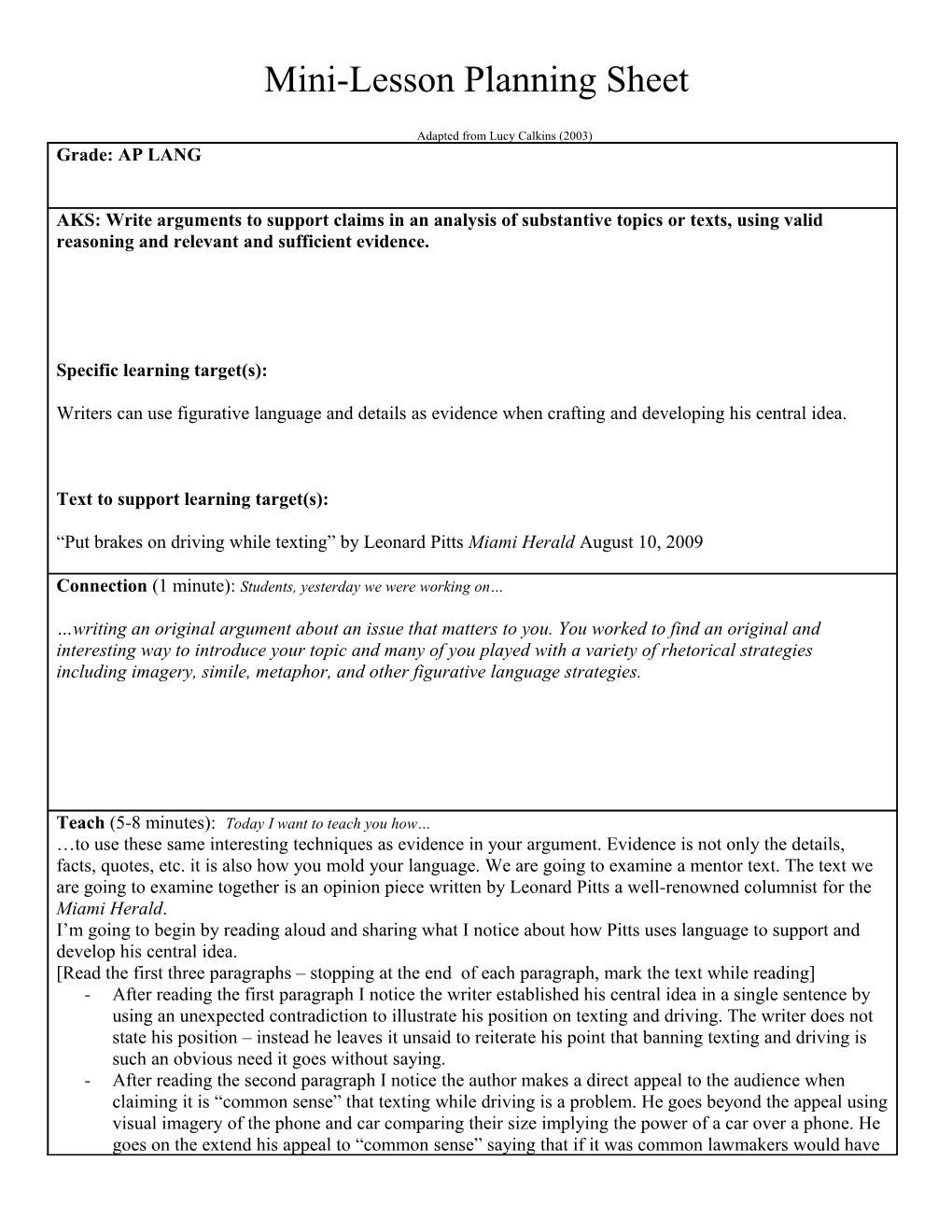 Adapted from Lucy Calkins (2003) Units of Study for Primary Writing: a Yearlong Curriculum