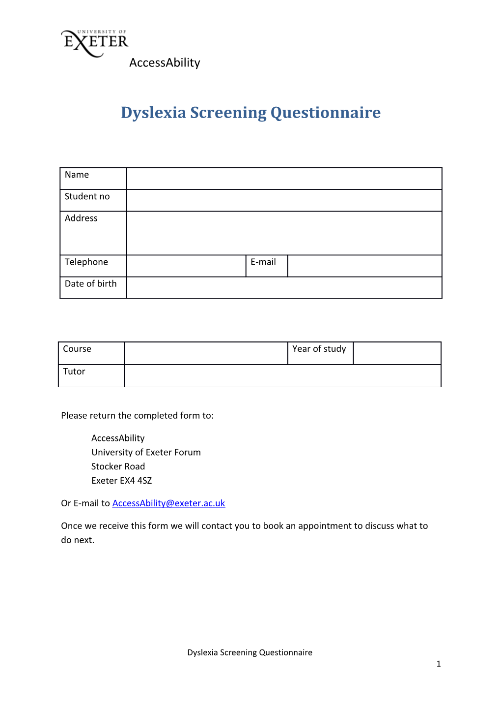 Dyslexia Screening Questionnaire