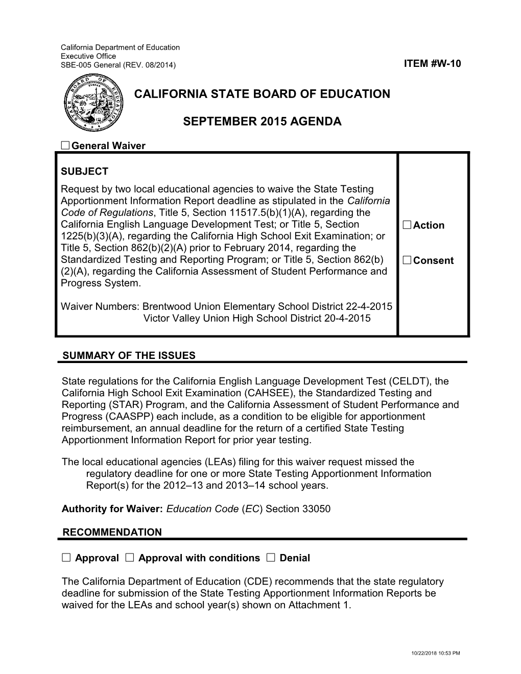 September 2015 Waiver Item W-10 - Meeting Agendas (CA State Board of Education)