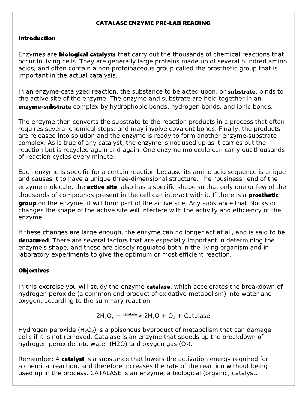 Catalase Enzyme Pre-Lab Reading