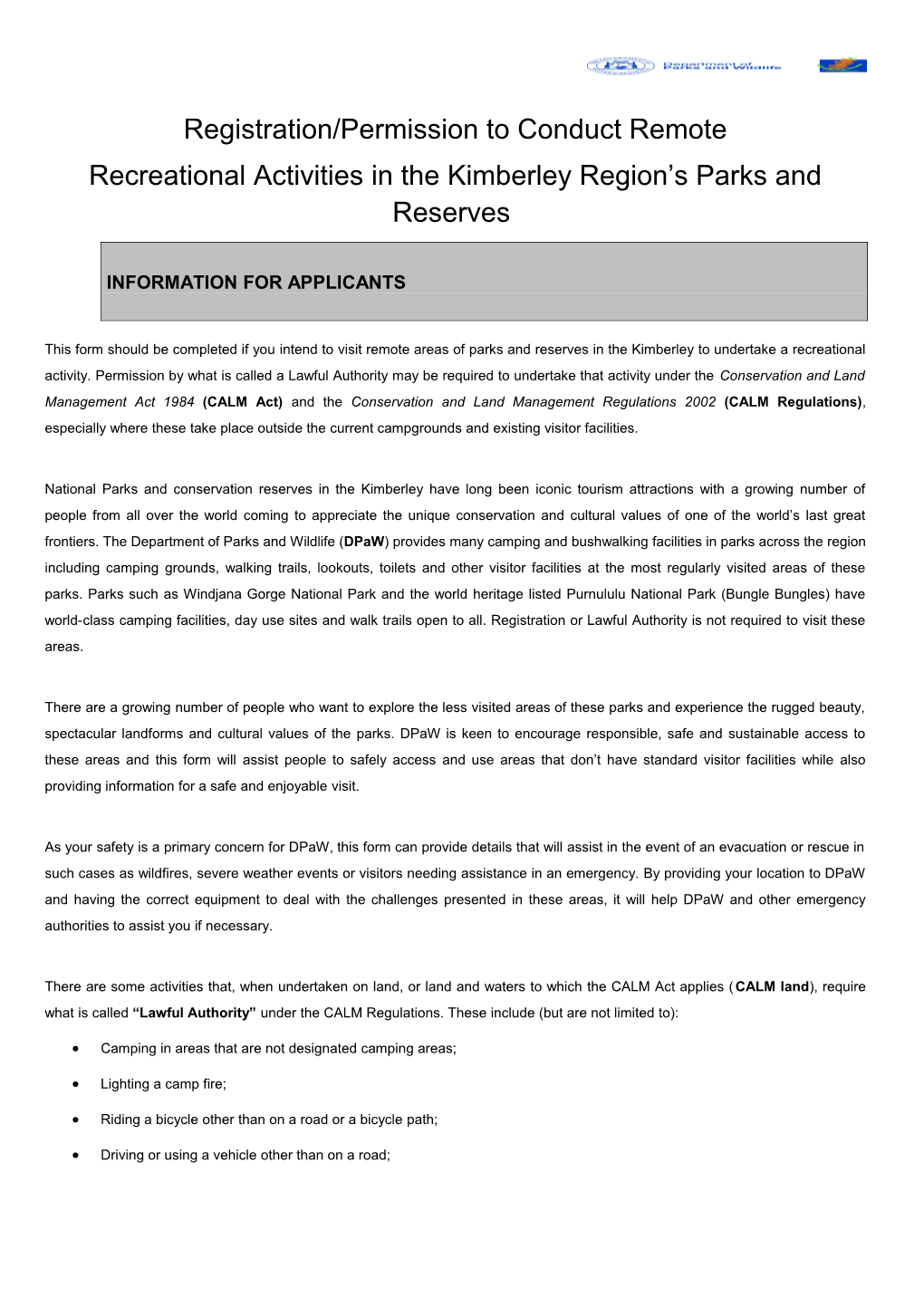 Application to Conduct Remote Recreational Activities in Kimberley Region Parks and Reserves