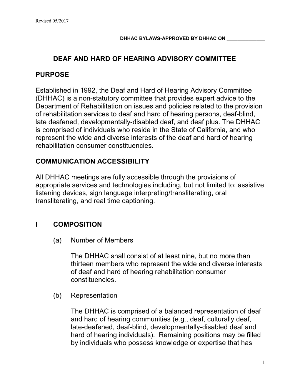 Dhhac Bylaws-Approved by Dhhac on 4/30/99