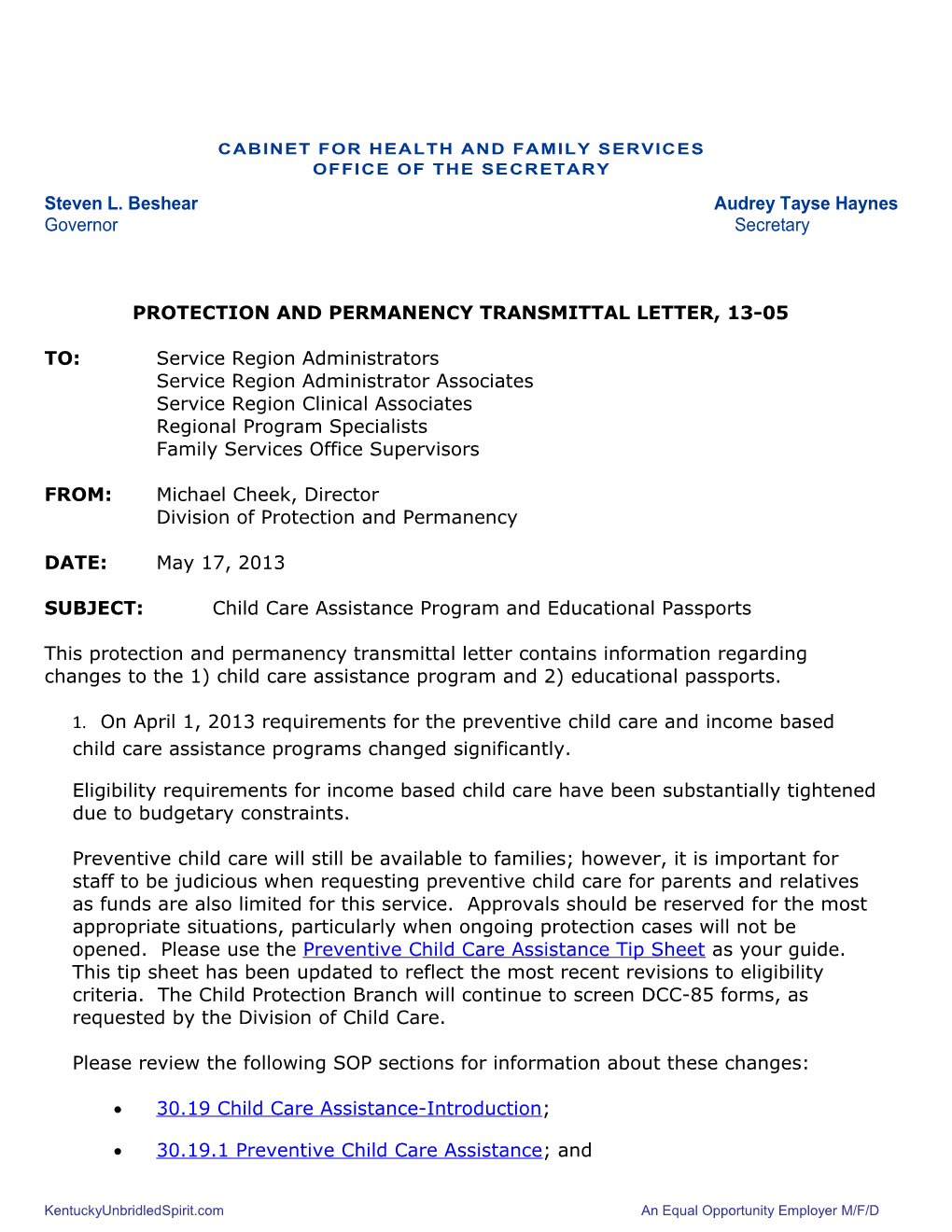 PPTL 13-05 Child Care Assistance Program and Educational Passport