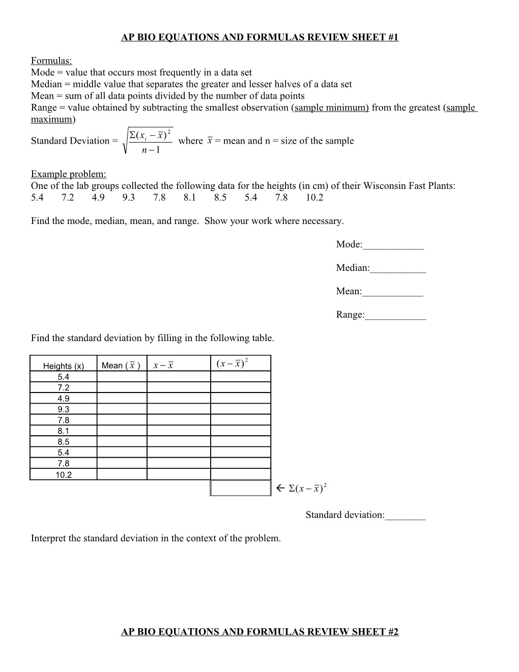 Ap Bio Equations and Formulas Review Sheet #1