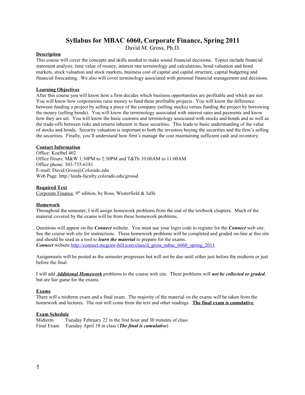 Syllabus for MBAC6060,Corporate Finance, Spring2011