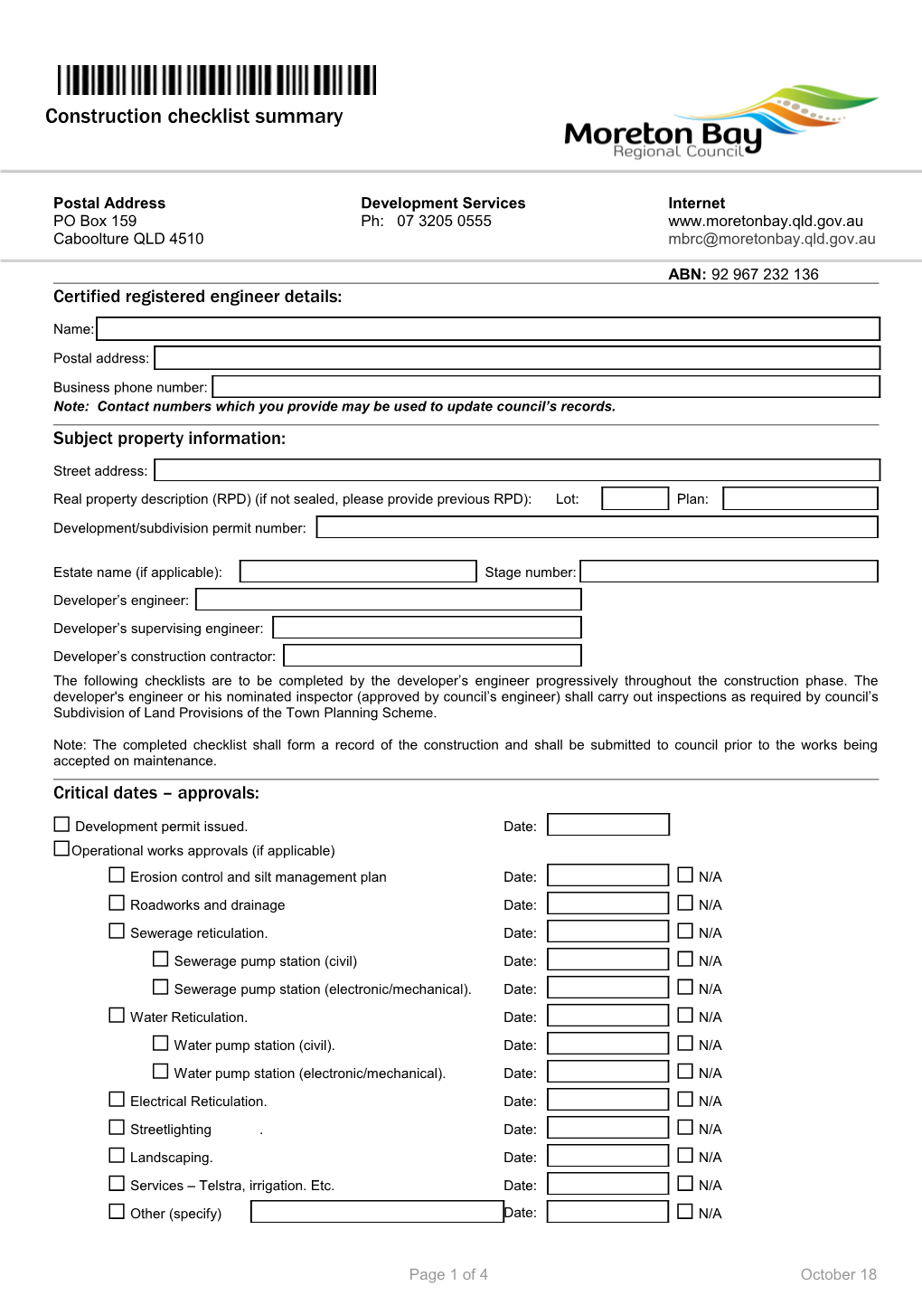 Construction Checklist Summary Pine Rivers District