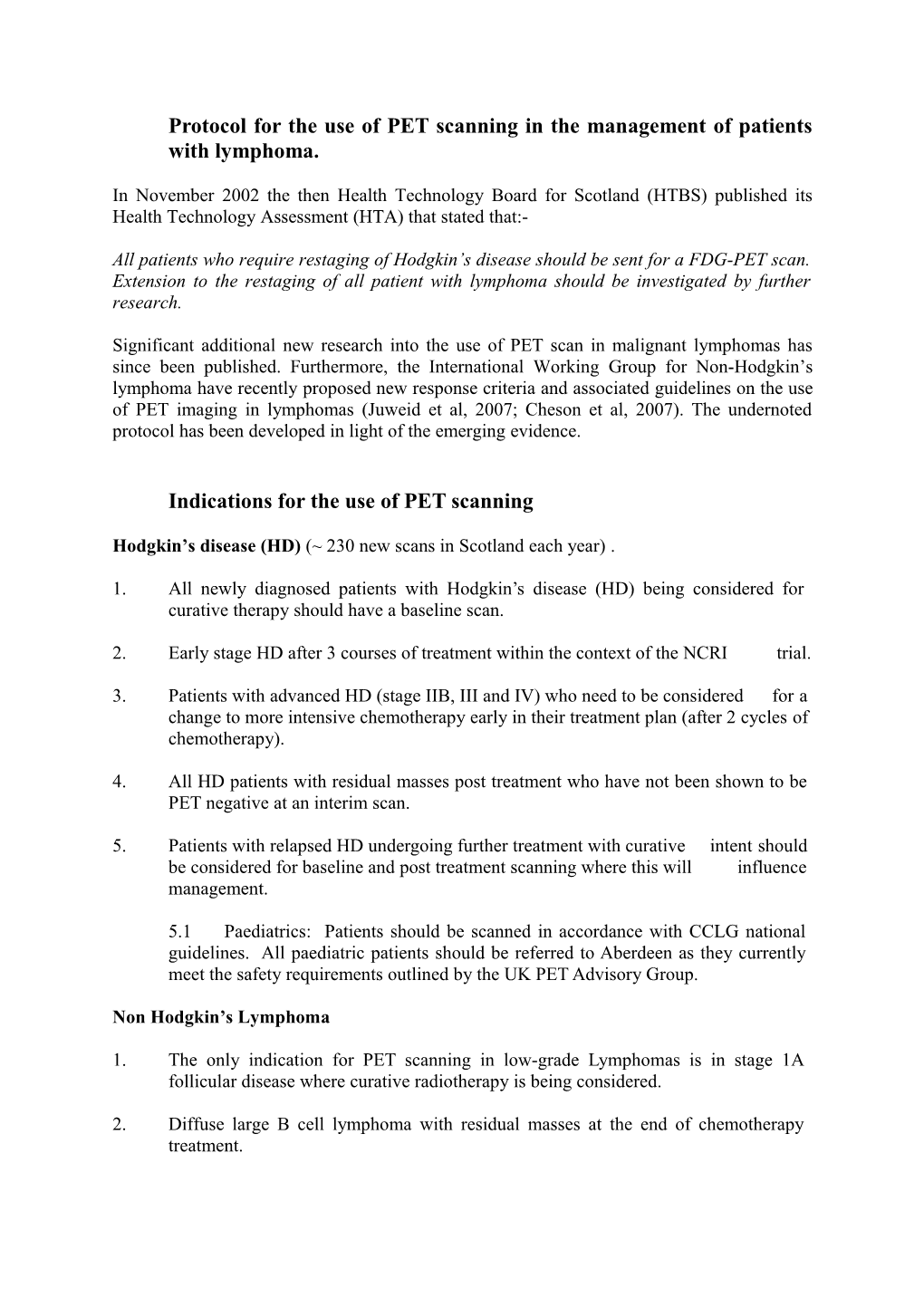 Protocol for the Use of PET Scanning in the Management of Patients with Lymphoma