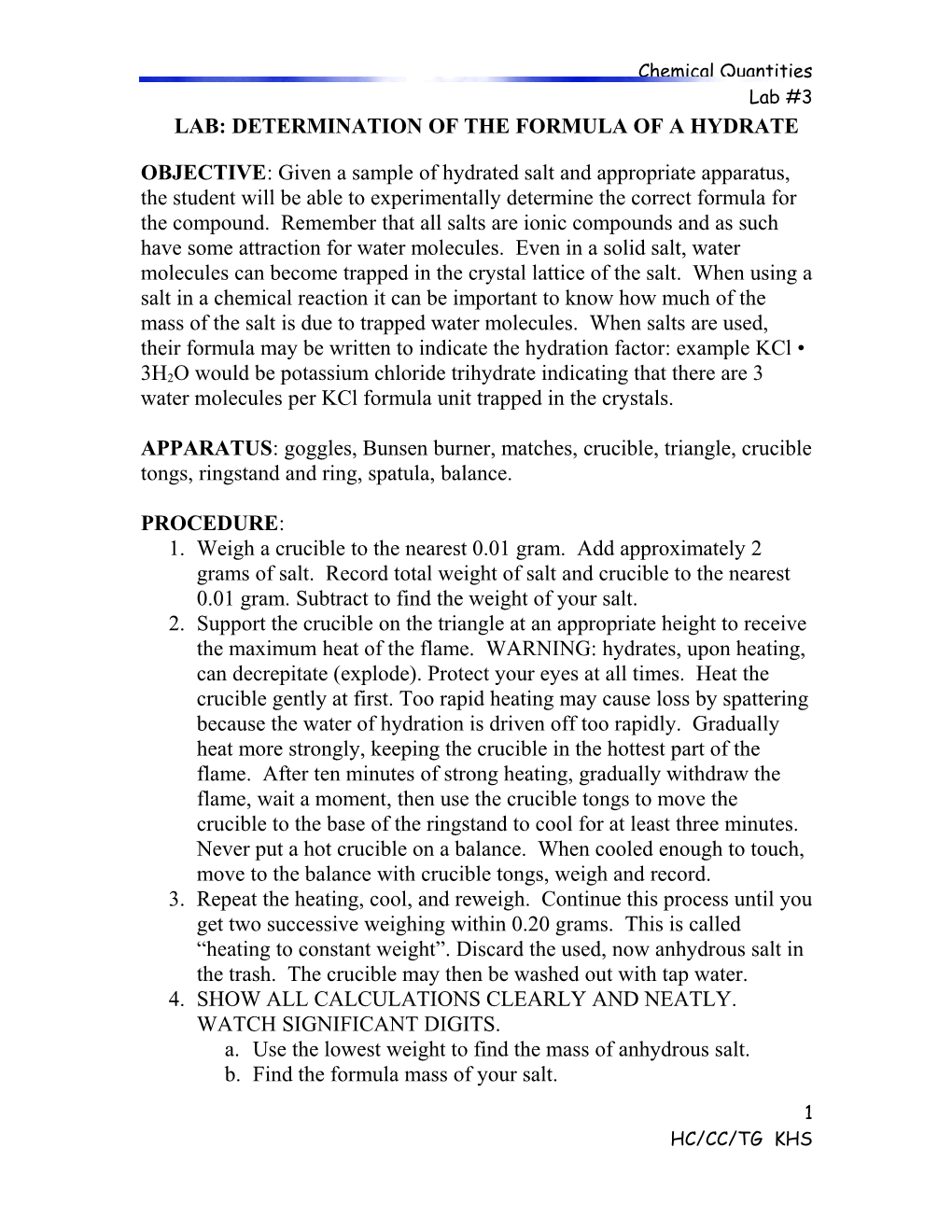 Lab: Determination of the Formula of a Hydrate