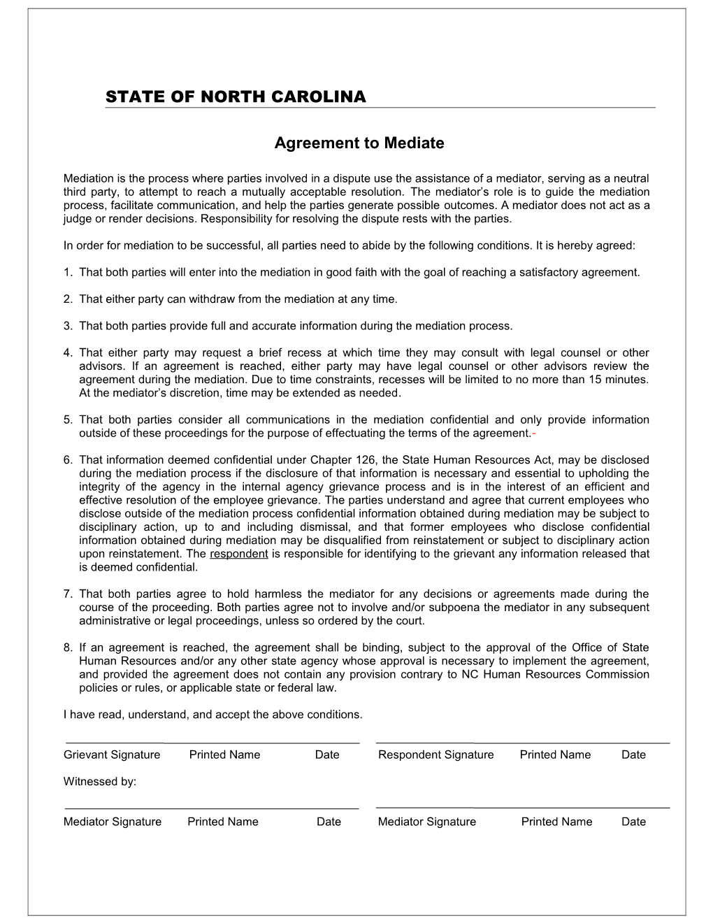Agreement to Mediate