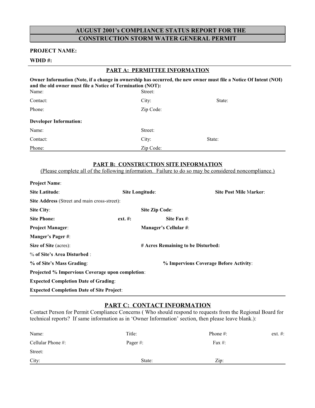 AUGUST 2001 S COMPLIANCE STATUS REPORT for THE