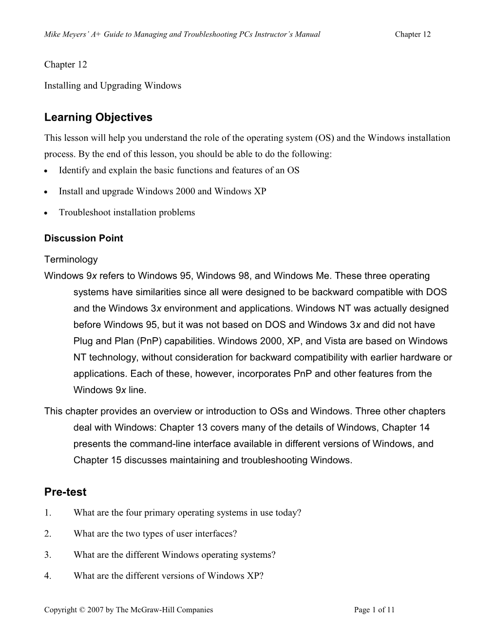 Mike Meyers A+ Guide to Managing and Troubleshooting Pcs Instructor S Manual Chapter 12