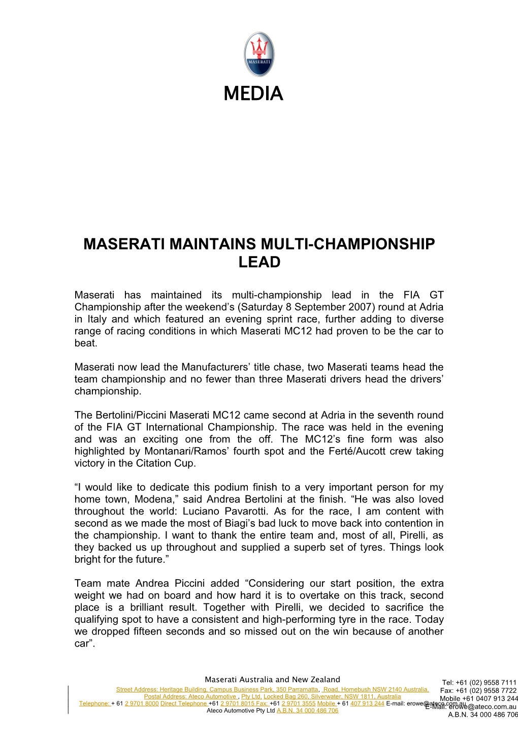 Maserati Maintains Multi-Championship Lead