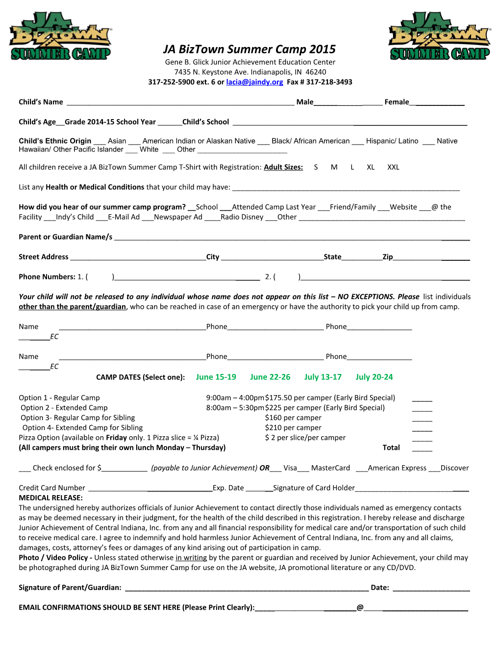 Biz Camp Exchange City - Registration Form 2005