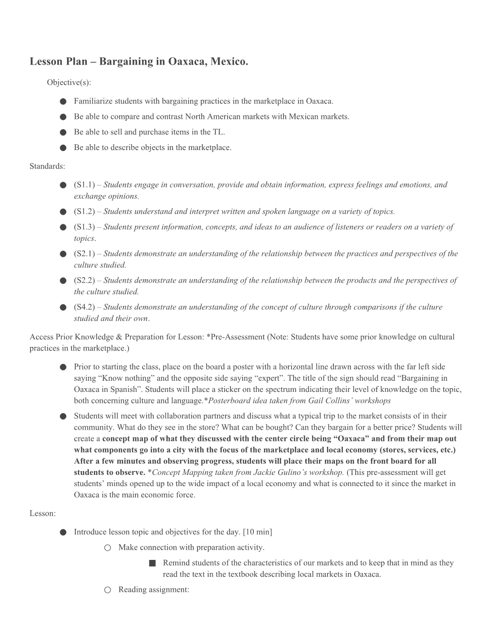 Lesson Plan Bargaining in Oaxaca, Mexico. Objective(S)