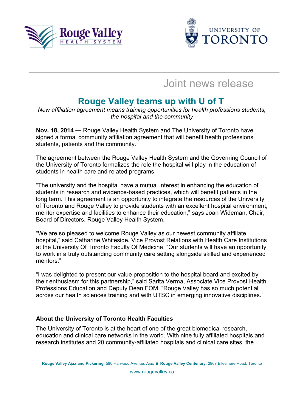 Rouge Valley Teams up with U of T