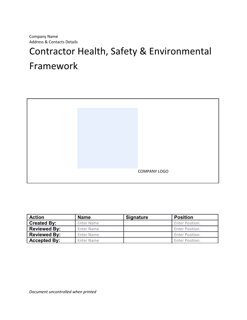 Contractor Health, Safety & Environmental Framework