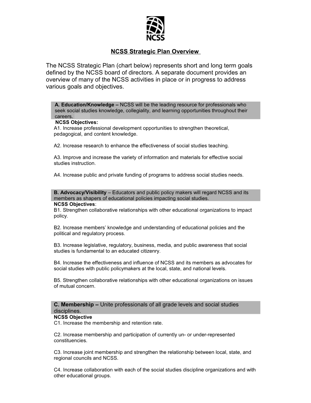 Overview of NCSS Strategic Plan and 2008-09 Priorities