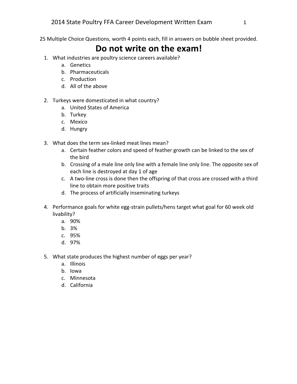 2014 State Poultry FFA Career Development Written Exam1