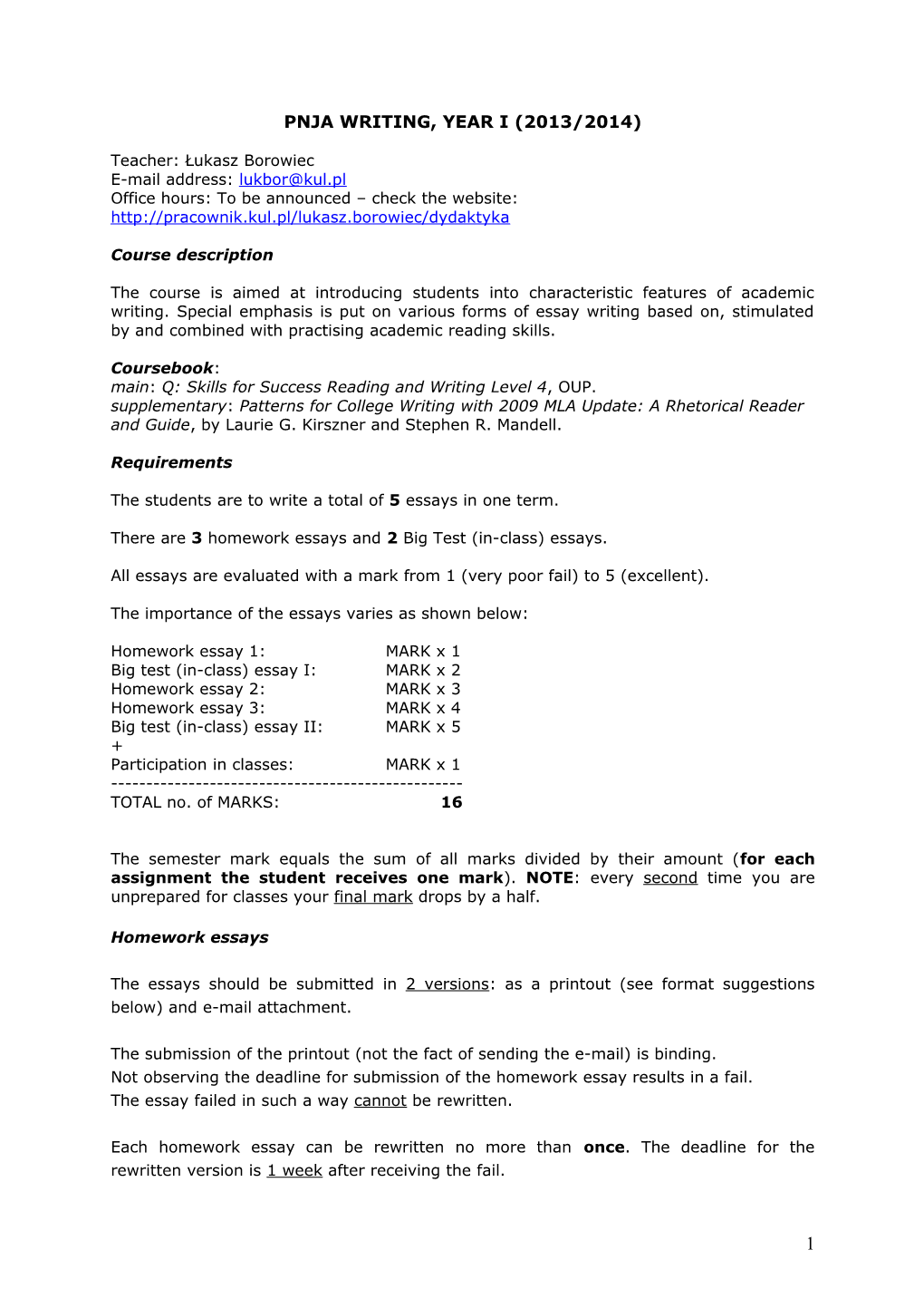 PNJA I YEAR 2011/12 WRITING EVALUATION Semester Summary