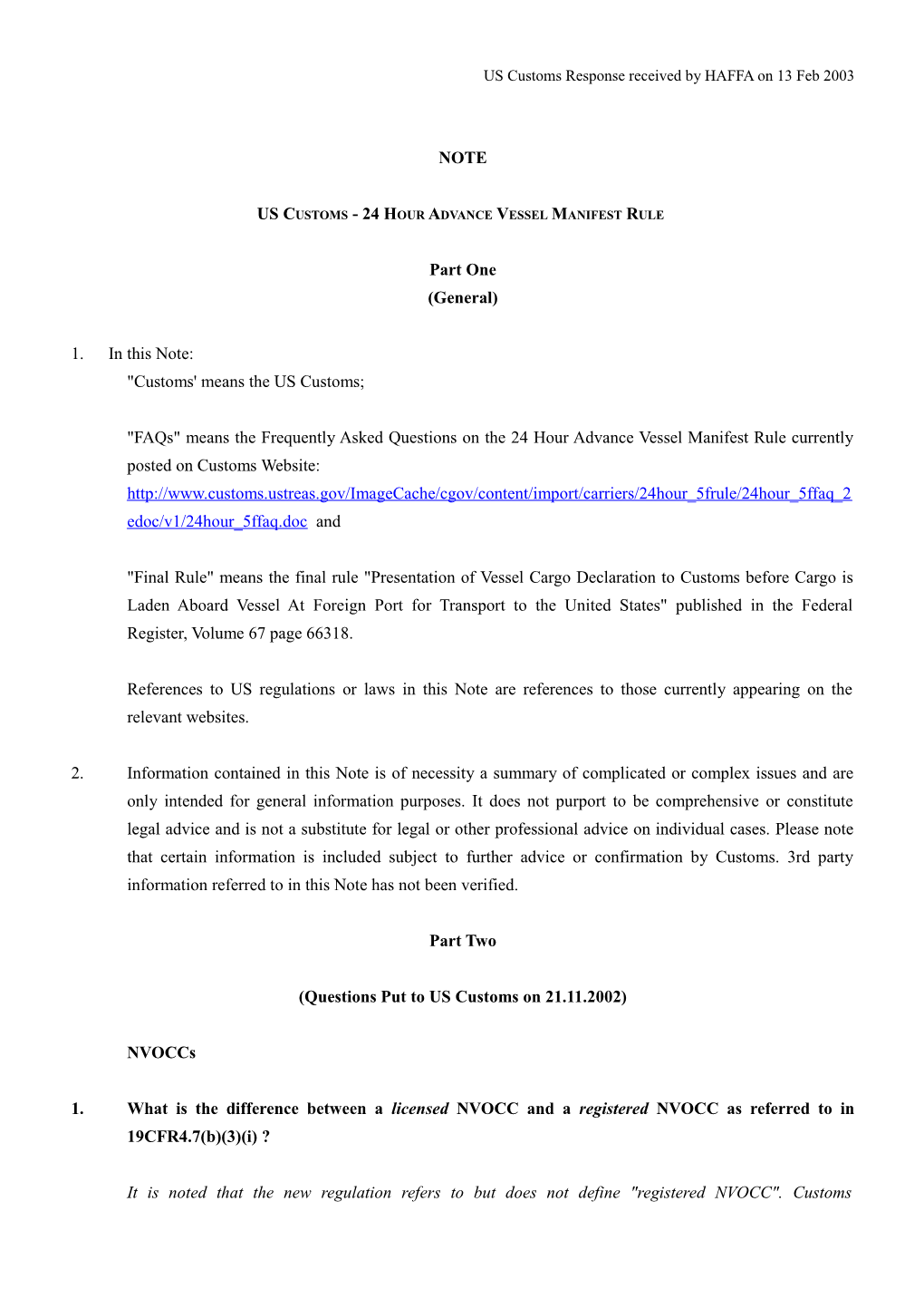 US Customs - 24 Hour Advance Vessel Manifest Rule