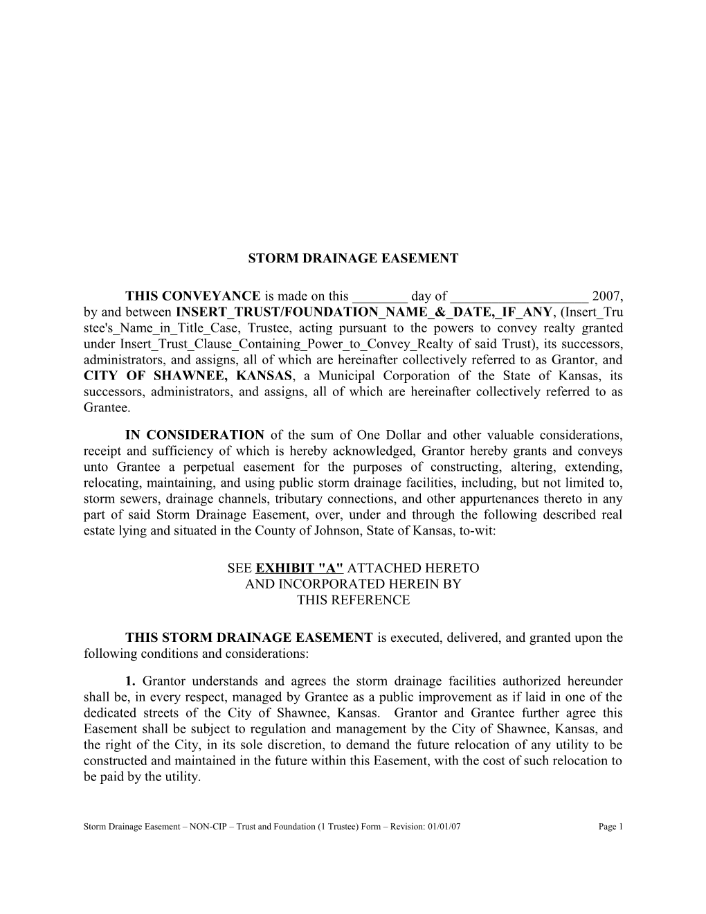 Storm Drainage Easement - NON-CIP - Trust and Foundation (1 Trustee) Form