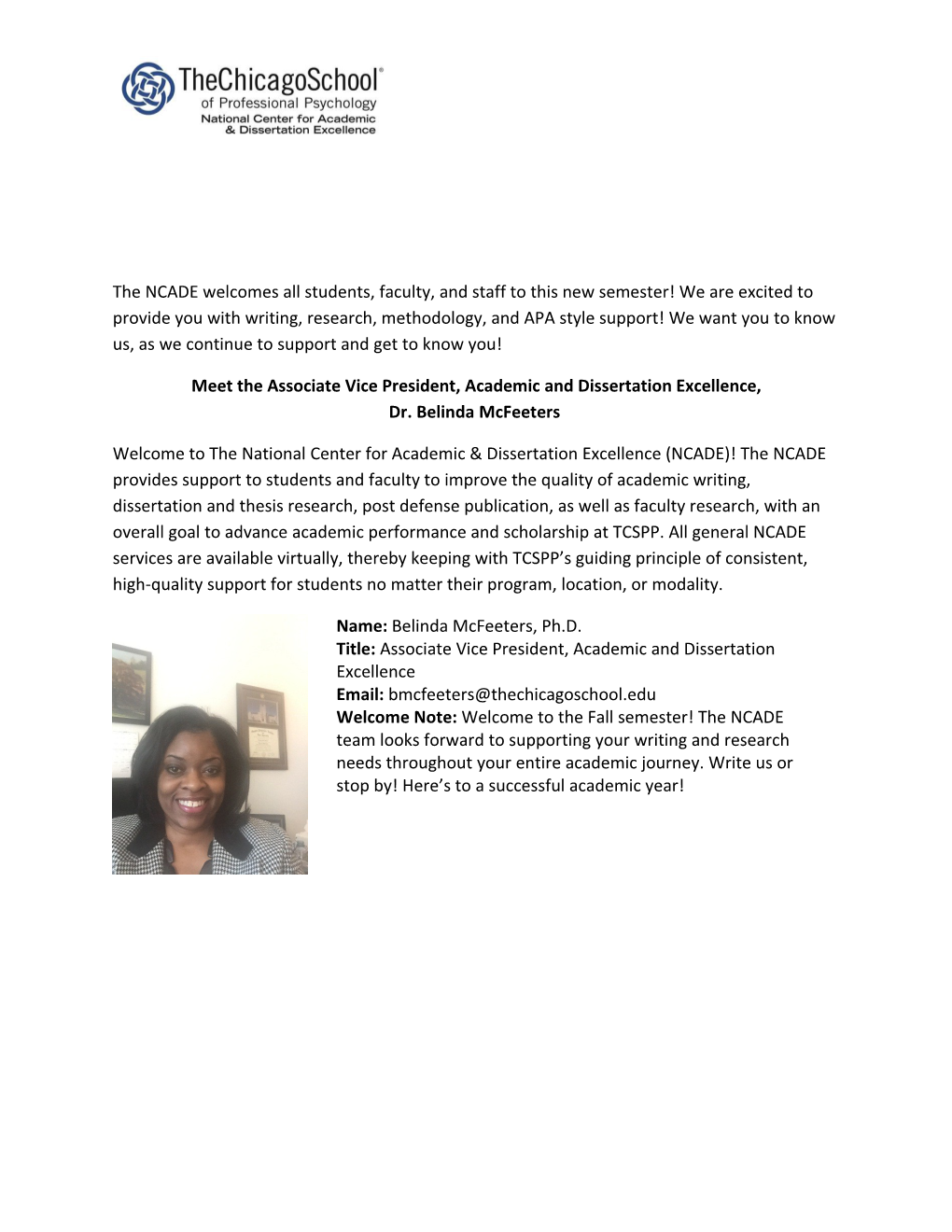 Meet the Associate Vice President, Academic and Dissertation Excellence, Dr. Belinda Mcfeeters