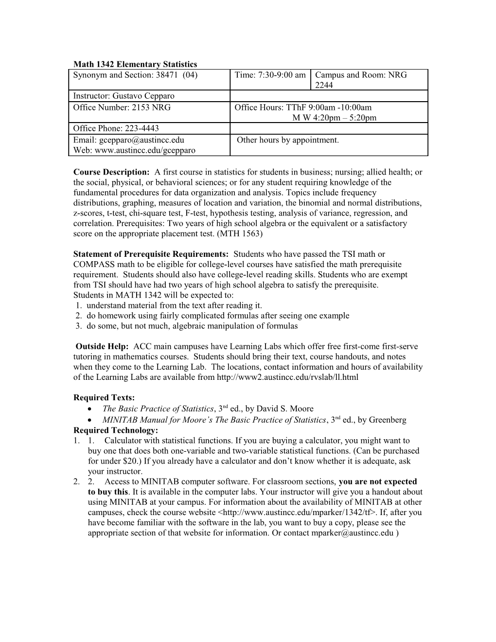 Math 1342 Elementary Statistics