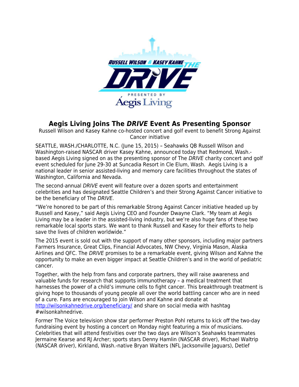 Aegis Living Joins the DRIVE Event As Presenting Sponsor