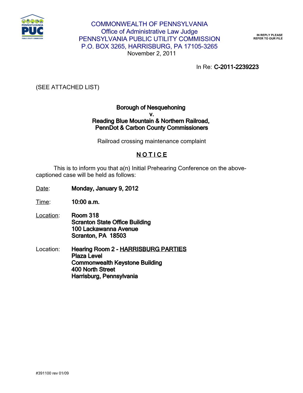 Scranton Prehearing Conference Notice