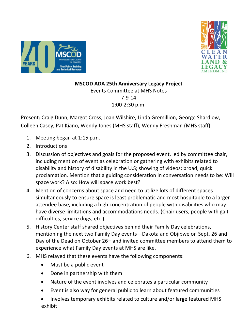 Events Committee at MHS Notes, 7-9-14