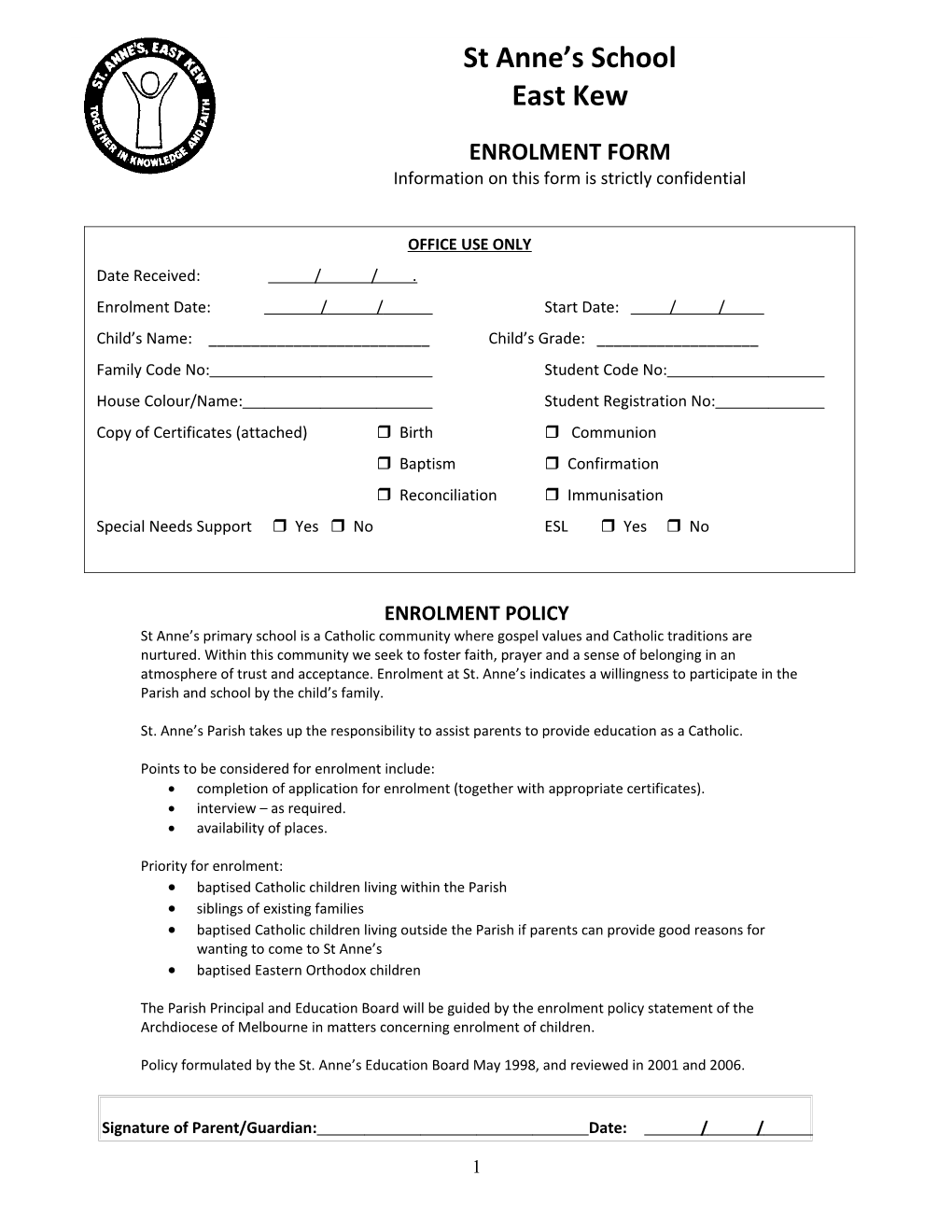 Generic Enrolment Form Primary Schools