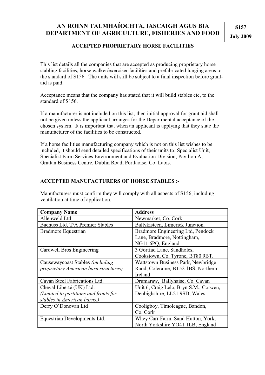 Accepted S156 Manufacturers List